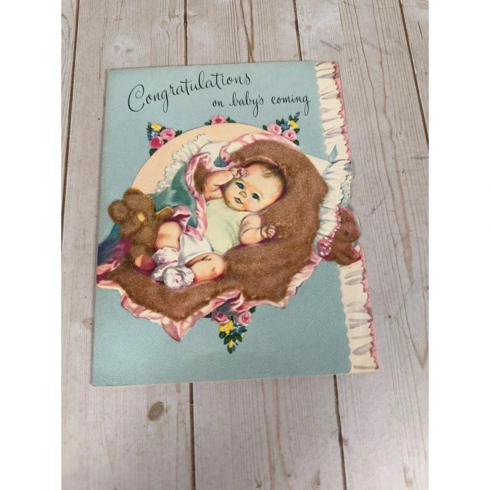 Vintage 1955 Baby Arrival Congratulations Card Flocked Baby Teddy Bears Signed